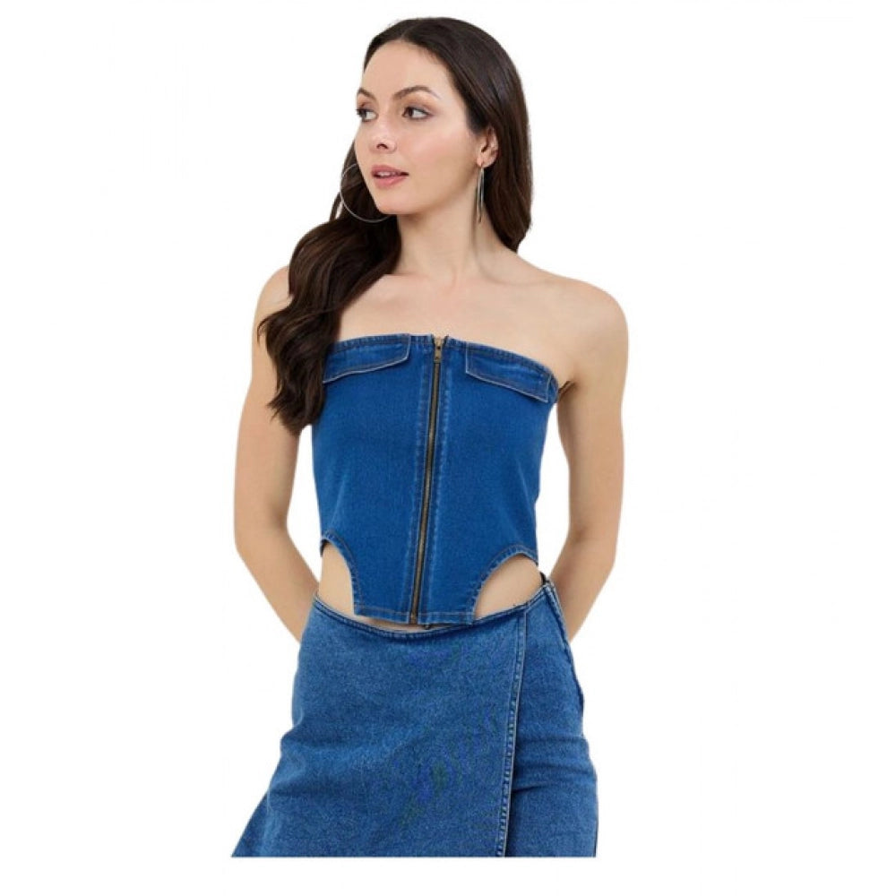 Blue Denim Lycra sleeveless top for women, strapless neck, waist length, zip closure