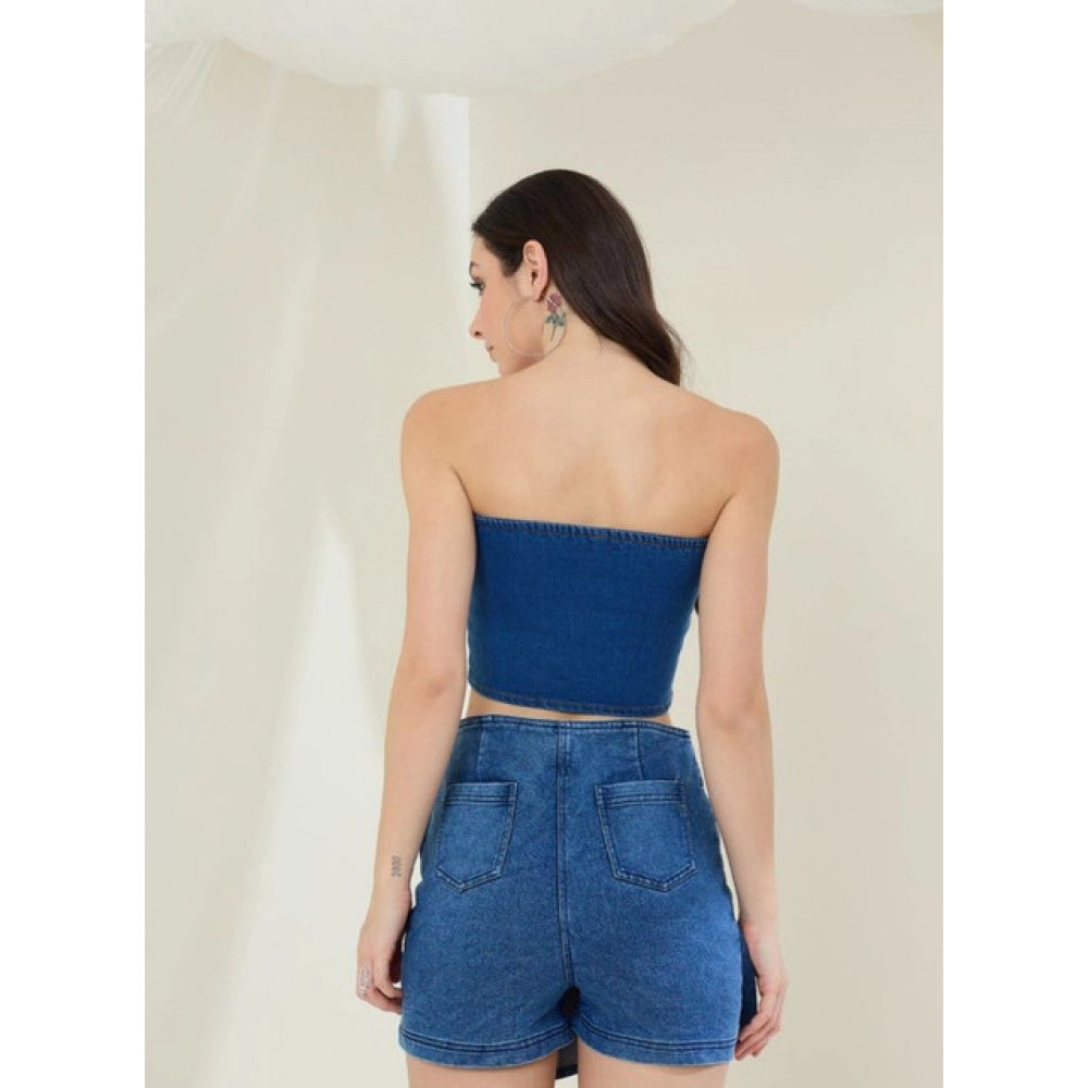 Blue denim Lycra sleeveless top with strapless neck, waist-length, zip closure