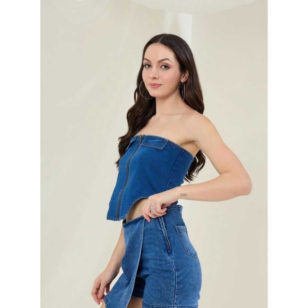 Blue denim lycra sleeveless top for women, zip closure at strapless neckline, solid pattern, waist length