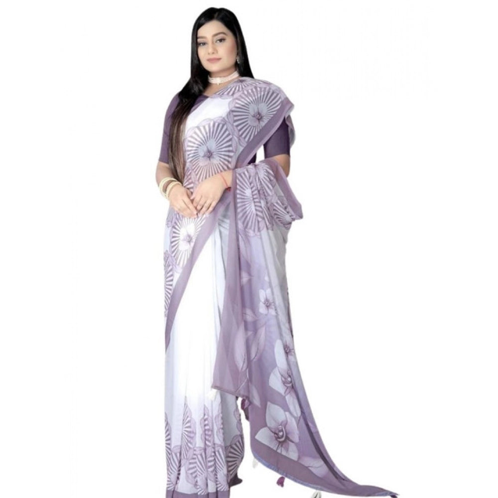 Lavender georgette floral printed saree with unstitched blouse (5.5Mtr), women's traditional Indian wear on mannequin