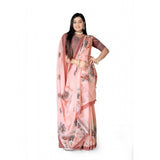 Peach georgette floral printed saree with unstitched blouse, 5.5Mtr on mannequin