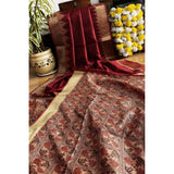 Maroon tussar silk Madhubani saree with unstitched blouse, intricate hand-painted design