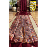 Maroon Tussar Silk Madhubani Saree with unstitched blouse, 5.5mtr length, traditional Indian hand-painted design