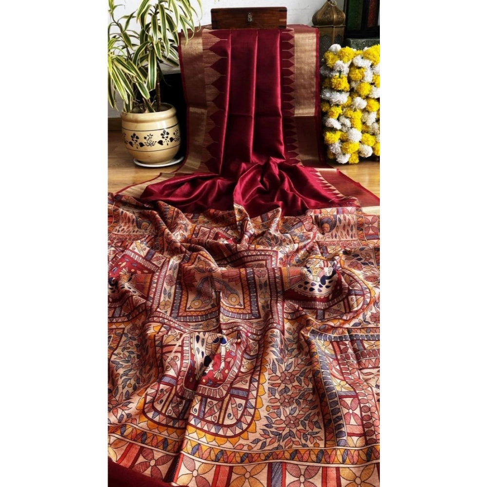 Maroon tussar silk Madhubani saree with unstitched blouse (5.5Mtr), traditional Indian hand-painted design