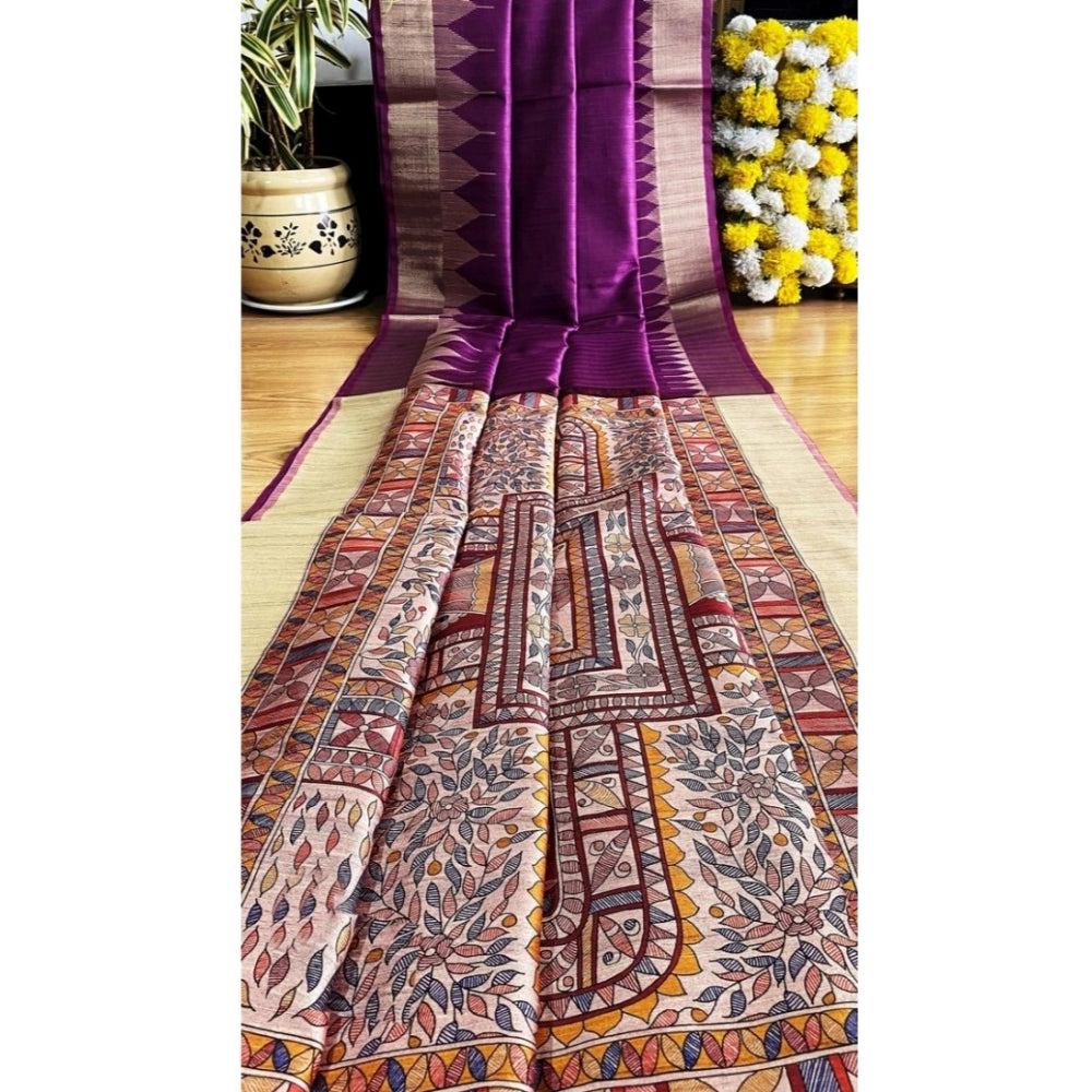 Purple Tussar Silk Madhubani Saree with unstitched blouse (5.5Mtr), traditional Indian wear on mannequin