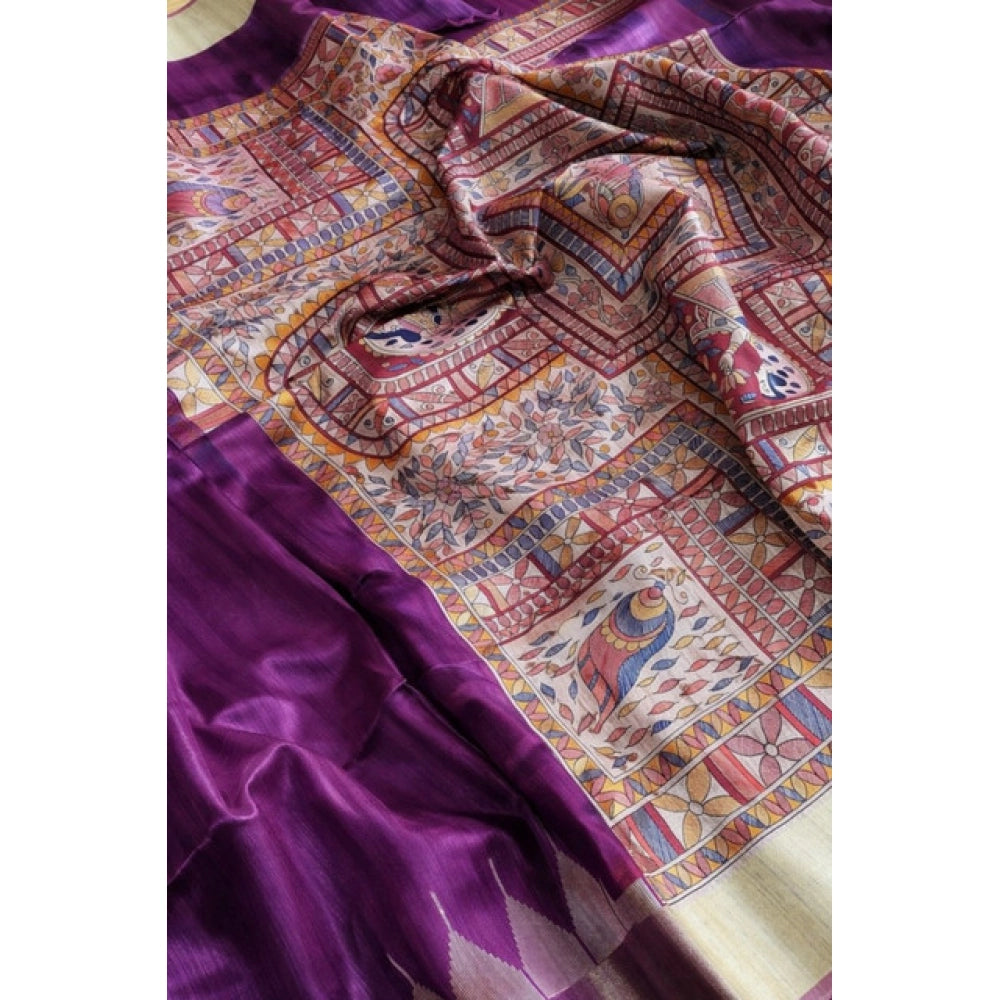 Purple Tussar Silk Madhubani Saree with unstitched blouse, 5.5Mtr, traditional Indian hand-painted design