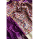 Purple Tussar Silk Madhubani Saree with unstitched blouse, 5.5Mtr, traditional Indian hand-painted design
