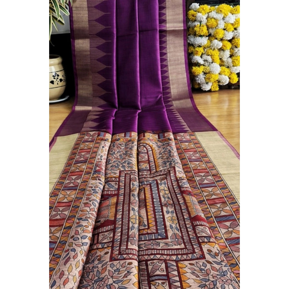 Purple Tussar Silk Madhubani Saree with unstitched blouse, 5.5mtr length on mannequin