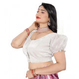 Women's Jimmy Solid Designer Neck Elastic Sleeve Readymade Blouse (White 38 , Alterable up to 42)-PID65836