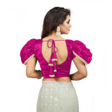 Women's Jimmy Solid V Neck Puff Sleeve Readymade Blouse (Pink 38 , Alterable up to 42)-PID65842