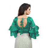Women's Organza Solid V Neck Layered Ruffle Sleeve Readymade Blouse (Rama Free Size , up to 38–40 Bust)-PID65857