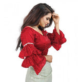 Women's Organza Solid V Neck Layered Ruffle Sleeve Readymade Blouse (Red Free Size , up to 38–40 Bust)-PID65858
