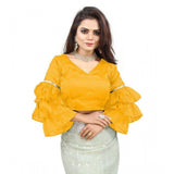 Women's Organza Solid V Neck Layered Ruffle Sleeve Readymade Blouse (Yellow Free Size , up to 38–40 Bust)-PID65860