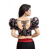 Women's Organza Printed V Neck Puff Sleeve Readymade Blouse (Black 38 , Alterable up to 42)-PID65862
