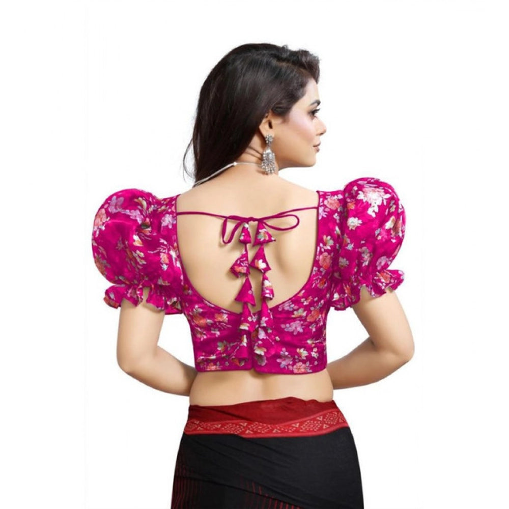 Pink organza printed V-neck puff sleeve blouse (alterable up to size 42), fashionable women's attire for special occasions