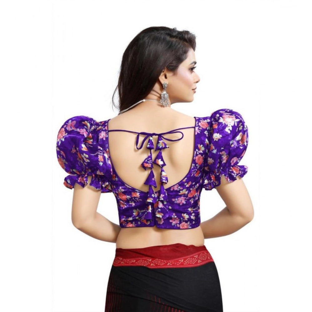 Purple organza printed V-neck puff sleeve blouse alterable up to size 42