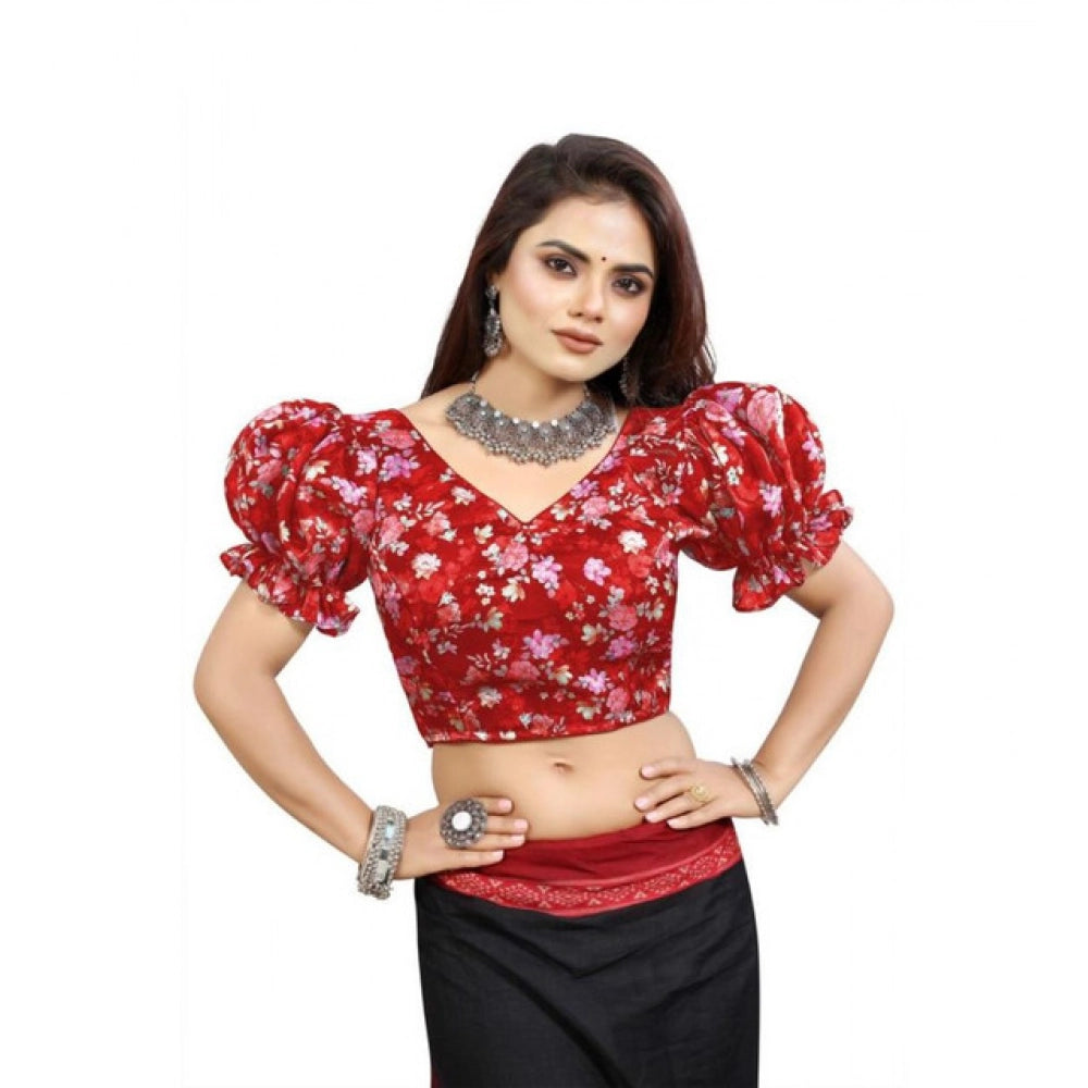 Red organza printed V-neck puff sleeve blouse (alterable up to size 42) - stylish women's fashion clothing