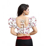 Women's Organza Printed V Neck Puff Sleeve Readymade Blouse (White 38 , Alterable up to 42)-PID65872