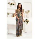 Women's Faux Linen Printed Ready to wear Saree With Unstitched Blouse 5.5Mtr (Multicolor)