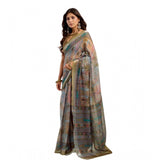 Women's Faux Linen Printed Ready to wear Saree With Unstitched Blouse 5.5Mtr (Multicolor)