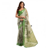 Women's Faux Linen Printed Ready to wear Saree With Unstitched Blouse 5.5Mtr (Light_Green)