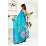 Women's Faux Linen Floral Print Ready to wear Saree With Unstitched Blouse 5.5Mtr (Light_AquaBlue)
