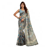 Women's Faux Linen Abstract Print Ready to wear Saree With Unstitched Blouse 5.5Mtr (Grey)