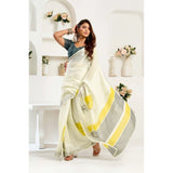 Women's Faux Linen Floral Print Ready to wear Saree With Unstitched Blouse 5.5Mtr (Off_White)