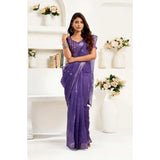 Women's Faux Linen Geometric Print Ready to wear Saree With Unstitched Blouse 5.5Mtr (Purple)
