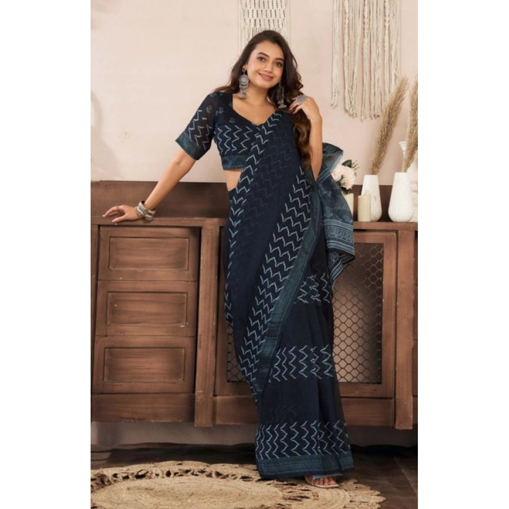 Black faux linen geometric print saree with unstitched blouse, 5.5mtr ready-to-wear Indian women's traditional outfit