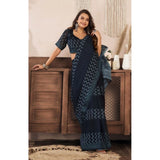Black faux linen geometric print saree with unstitched blouse, 5.5mtr ready-to-wear Indian women's traditional outfit