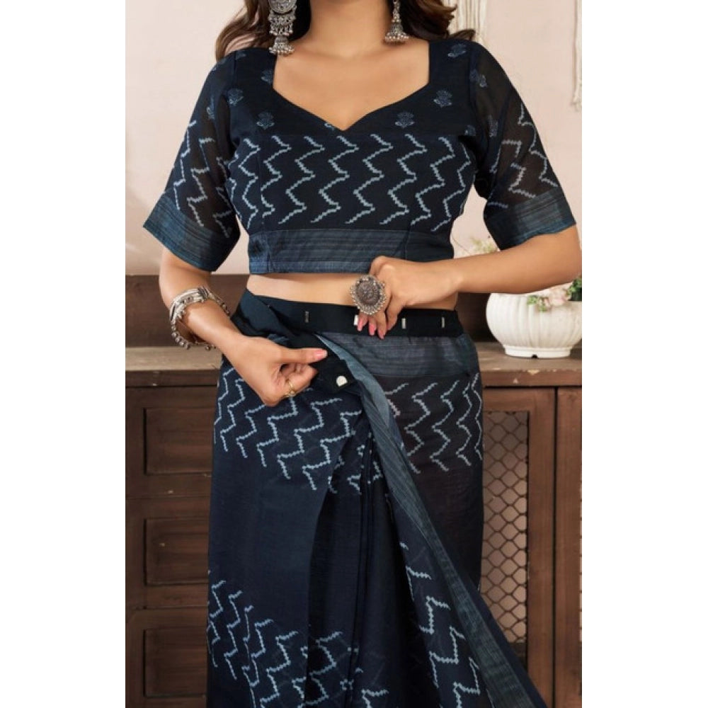 Black faux linen geometric print saree with unstitched blouse, ready-to-wear women's fashion accessory