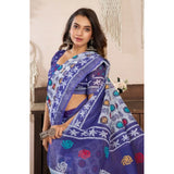 Blue faux linen geometric print saree with unstitched blouse, 5.5mtr length