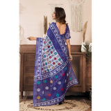 Blue faux linen geometric print ready-to-wear saree with unstitched blouse (5.5mtr)