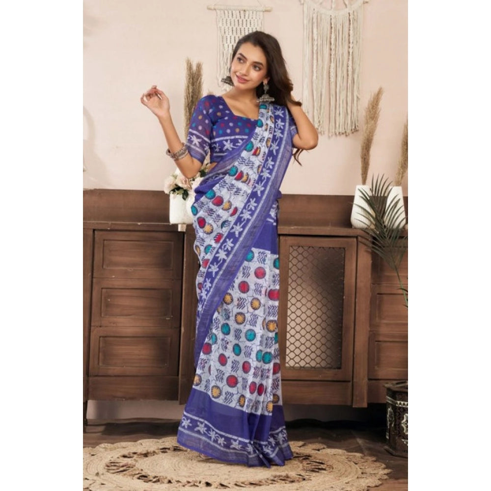 Blue faux linen geometric print ready-to-wear saree with unstitched blouse, vibrant and versatile fashion accessory