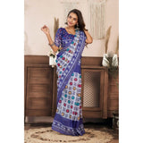Blue faux linen geometric print ready-to-wear saree with unstitched blouse, vibrant and versatile fashion accessory