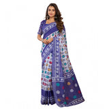 Blue faux linen geometric print ready-to-wear saree with unstitched blouse, vibrant fashion for women's traditional wear