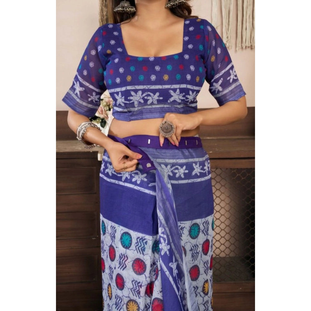 Blue faux linen geometric print saree with unstitched blouse, ready-to-wear for women's traditional Indian fashion