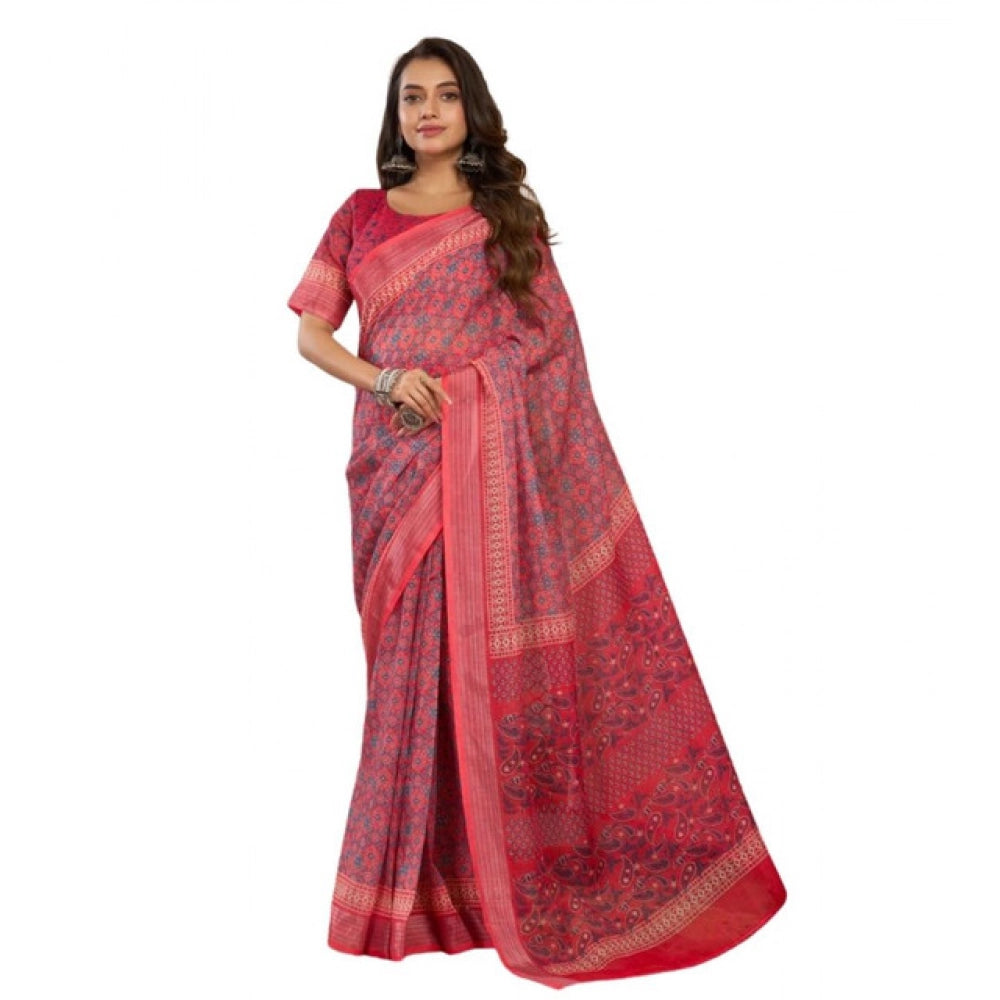 Red faux linen geometric print saree with unstitched blouse (5.5Mtr), ready-to-wear traditional Indian wear