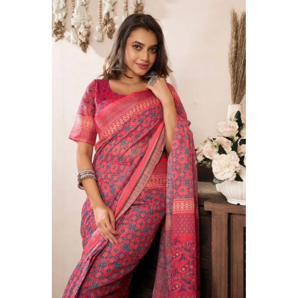 Red faux linen geometric print saree with unstitched blouse (5.5mtr), ready-to-wear Indian women's fashion accessory