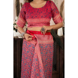 Red faux linen geometric print saree with unstitched blouse, 5.5mtr length