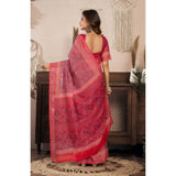 Red faux linen geometric print saree with unstitched blouse (5.5mtr), ready-to-wear Indian traditional attire
