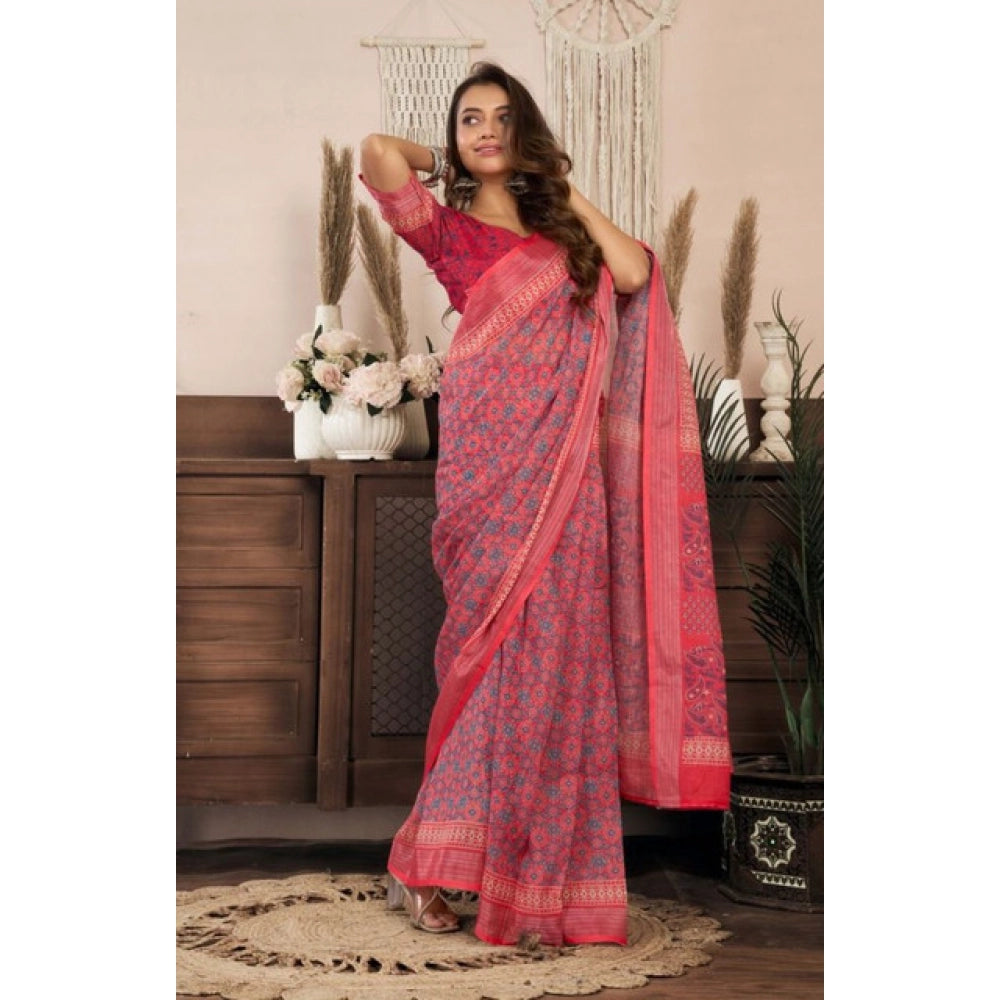Red faux linen geometric print saree with unstitched blouse, ready-to-wear for women