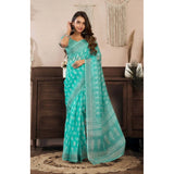 Women's Faux Linen Leaf Print Ready to wear Saree With Unstitched Blouse 5.5Mtr (SeaGreen)