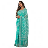 Women's Faux Linen Leaf Print Ready to wear Saree With Unstitched Blouse 5.5Mtr (SeaGreen)