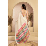 Women's Faux Linen Floral Print Ready to wear Saree With Unstitched Blouse 5.5Mtr (Cream)