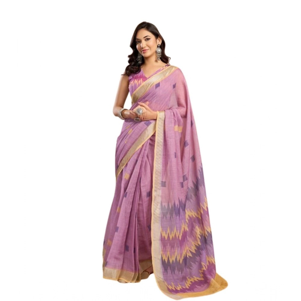 Lavender faux linen floral saree with unstitched blouse (5.5mtr), ready-to-wear Indian women's fashion
