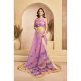 Lavender faux linen floral saree with unstitched blouse (5.5Mtr), ready-to-wear Indian traditional attire