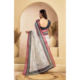 Women's Faux Linen Floral Print Ready to wear Saree With Unstitched Blouse 5.5Mtr (OffWhite)