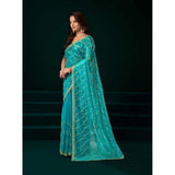 Women's Net Sequence Saree With Unstitched Blouse 5.5Mtr (Turquoise)